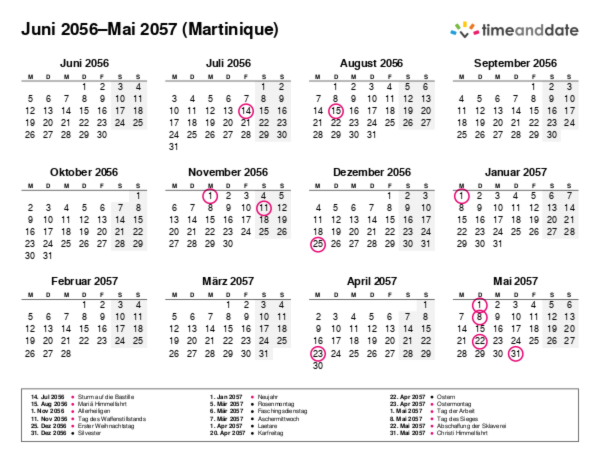 Kalender für 2056 in Martinique
