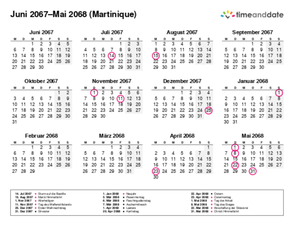 Kalender für 2067 in Martinique