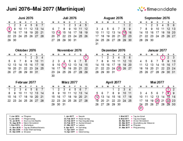 Kalender für 2076 in Martinique