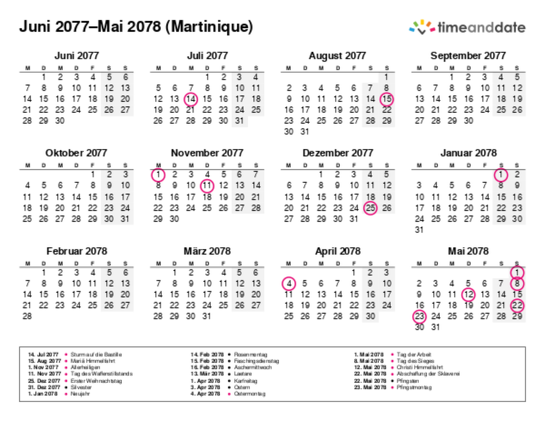 Kalender für 2077 in Martinique
