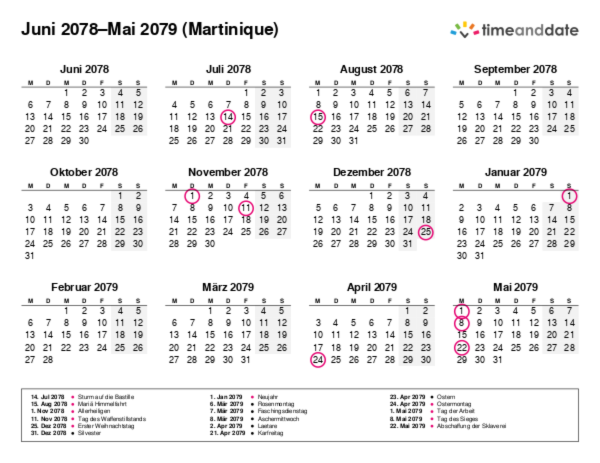 Kalender für 2078 in Martinique