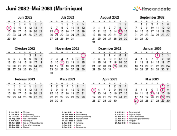 Kalender für 2082 in Martinique