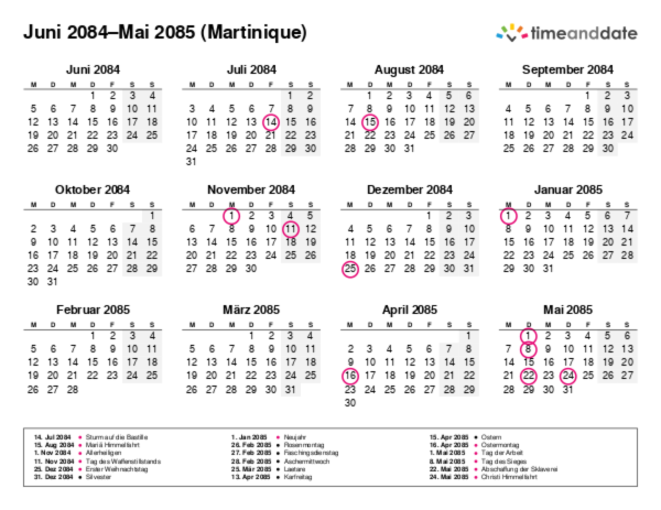 Kalender für 2084 in Martinique