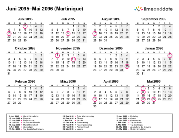 Kalender für 2095 in Martinique