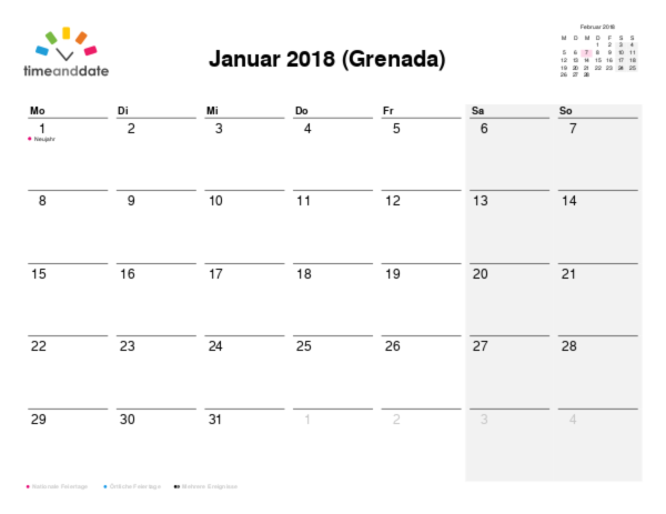 Kalender für 2018 in Grenada