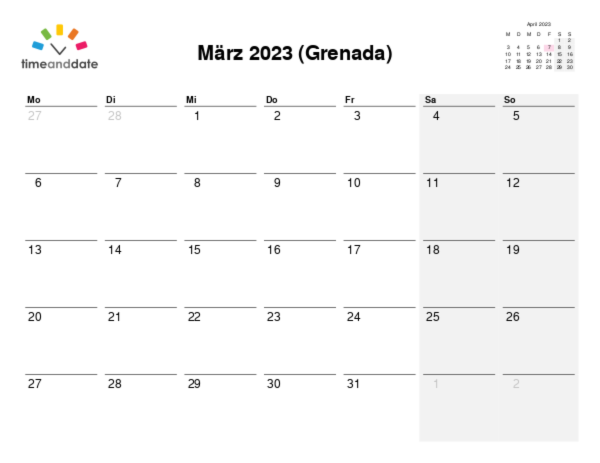 Kalender für 2023 in Grenada