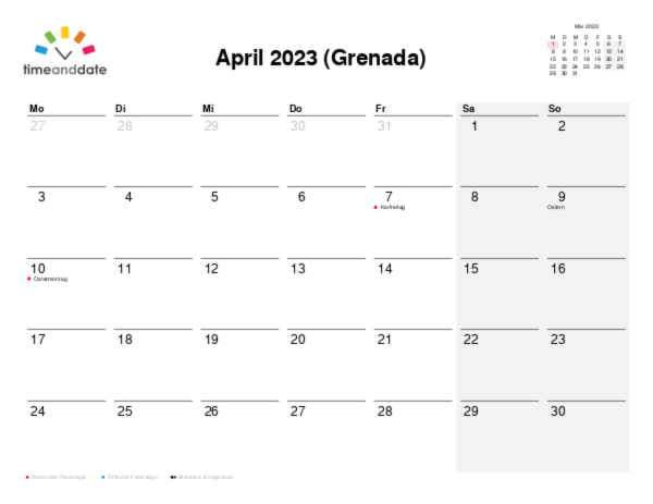 Kalender für 2023 in Grenada