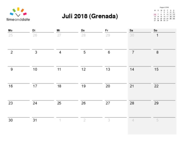 Kalender für 2018 in Grenada