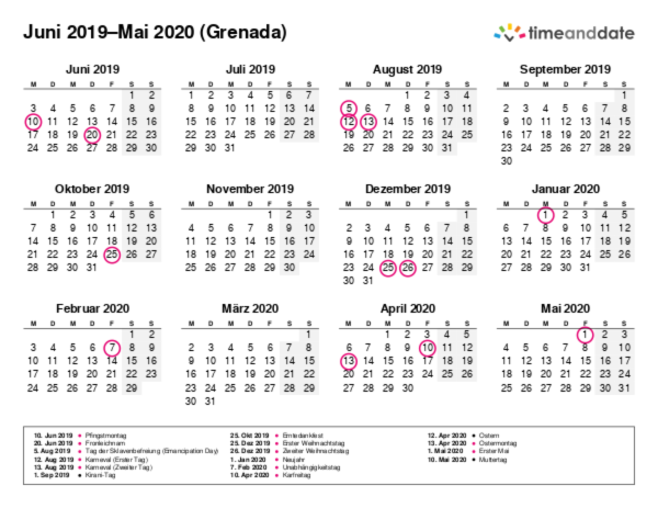 Kalender für 2019 in Grenada