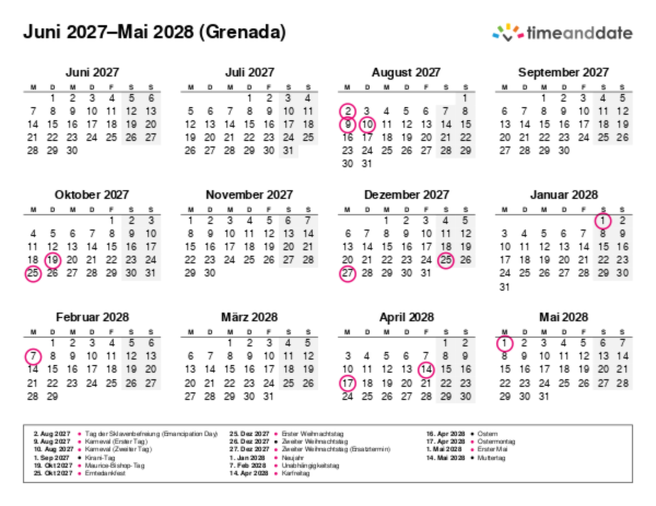 Kalender für 2027 in Grenada