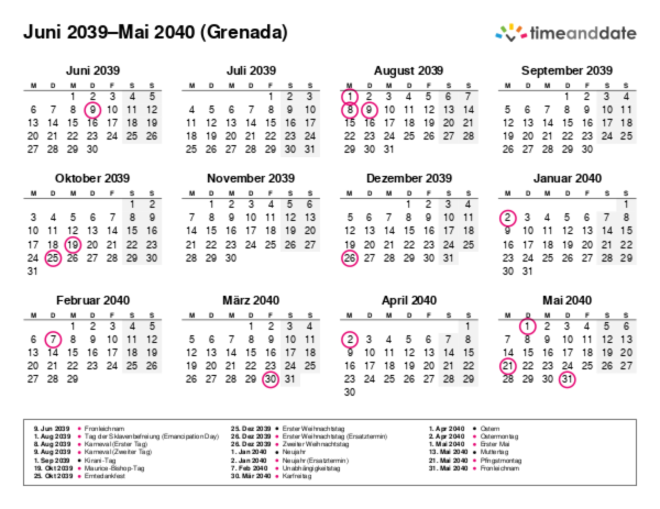Kalender für 2039 in Grenada