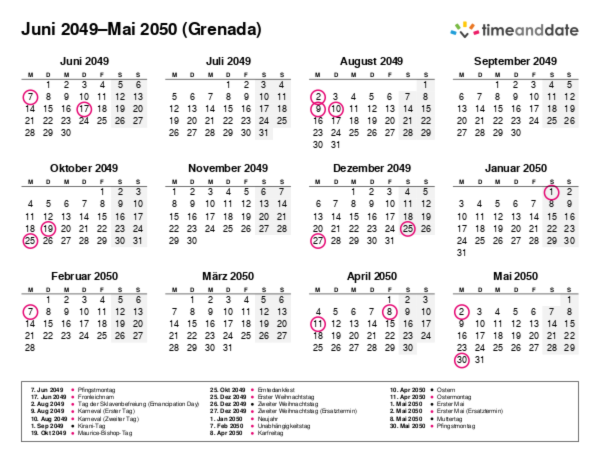 Kalender für 2049 in Grenada