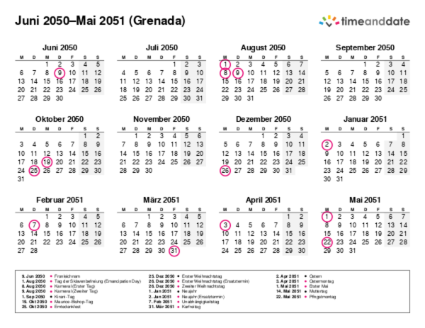 Kalender für 2050 in Grenada