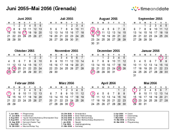 Kalender für 2055 in Grenada