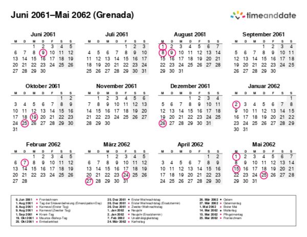 Kalender für 2061 in Grenada