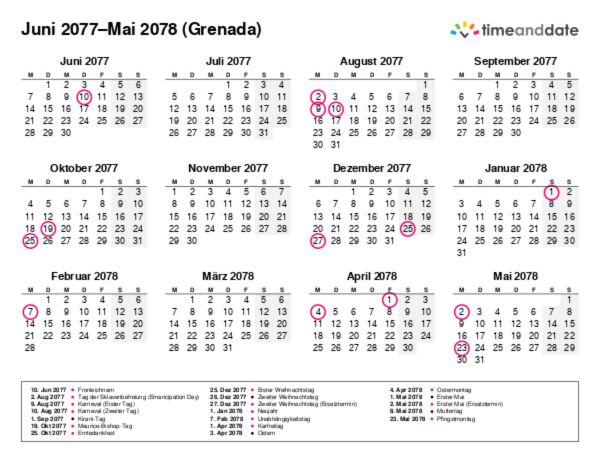 Kalender für 2077 in Grenada