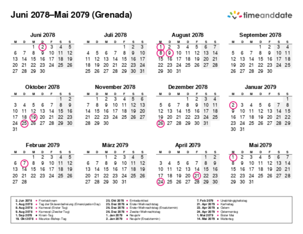 Kalender für 2078 in Grenada