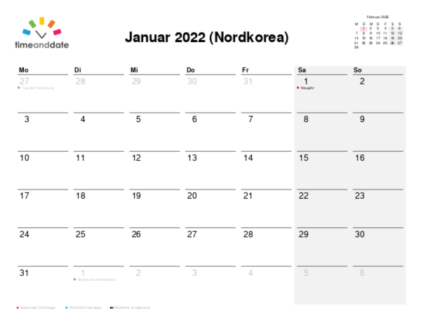 Kalender für 2022 in Nordkorea