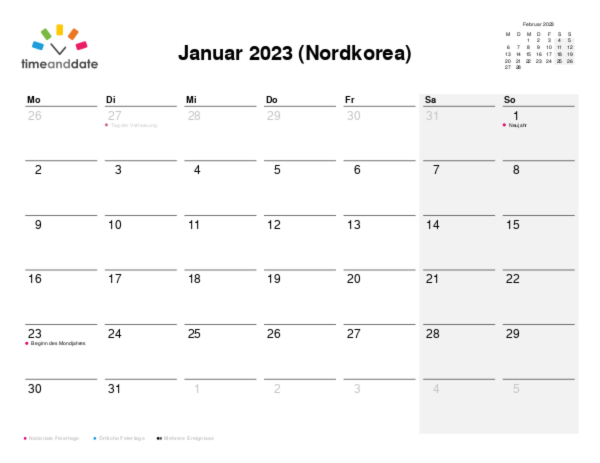 Kalender für 2023 in Nordkorea