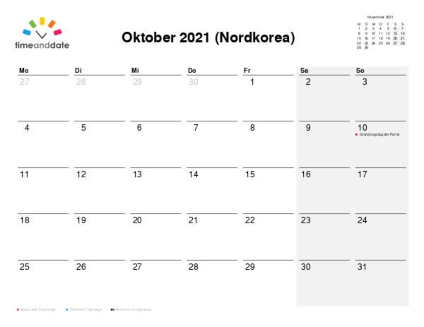 Kalender für 2021 in Nordkorea