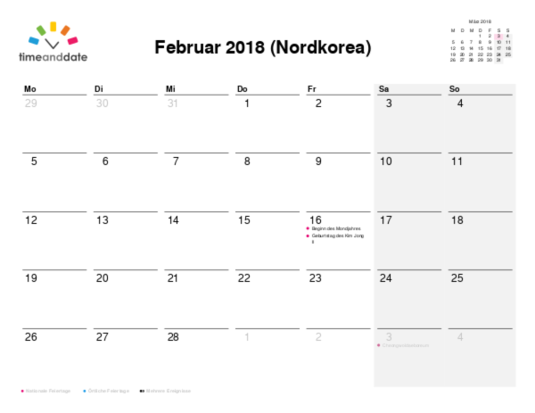 Kalender für 2018 in Nordkorea