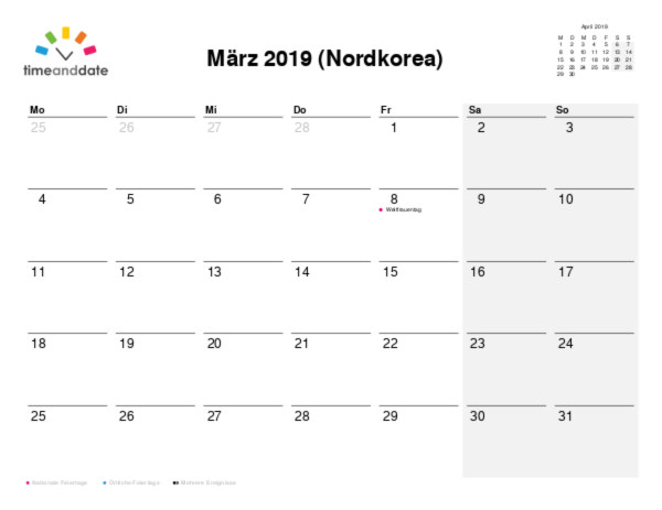Kalender für 2019 in Nordkorea