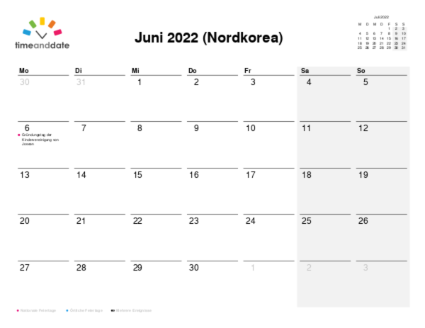 Kalender für 2022 in Nordkorea