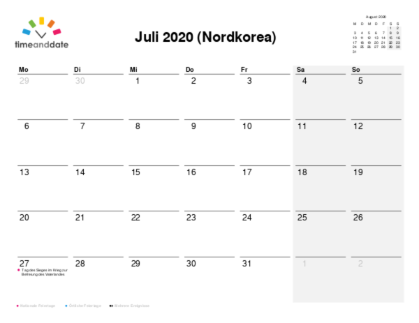 Kalender für 2020 in Nordkorea