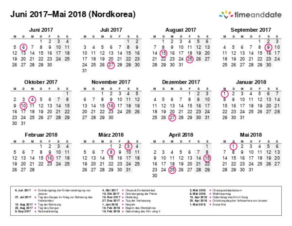 Kalender für 2017 in Nordkorea