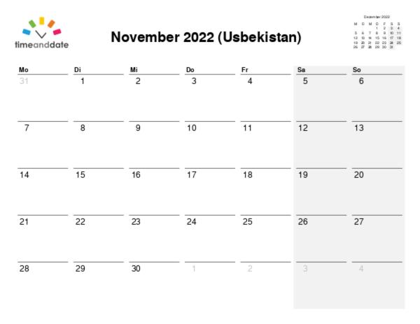 Kalender für 2022 in Usbekistan