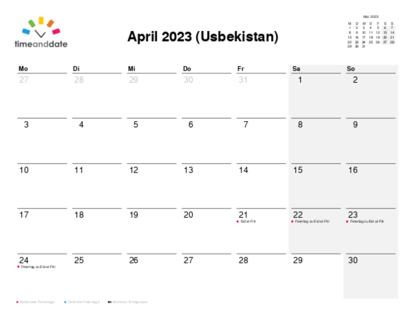 Kalender für 2023 in Usbekistan