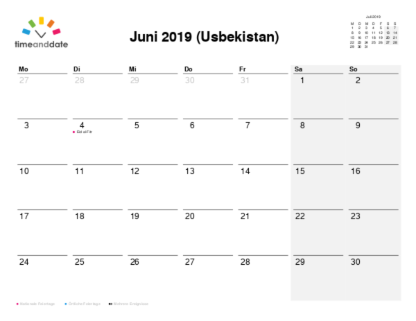Kalender für 2019 in Usbekistan