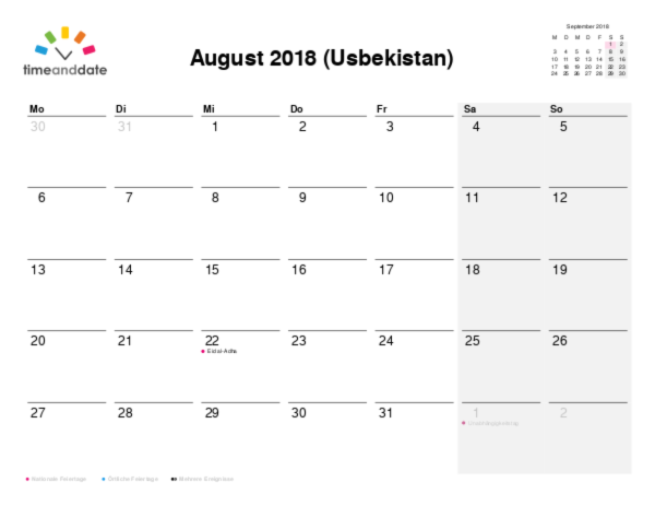 Kalender für 2018 in Usbekistan