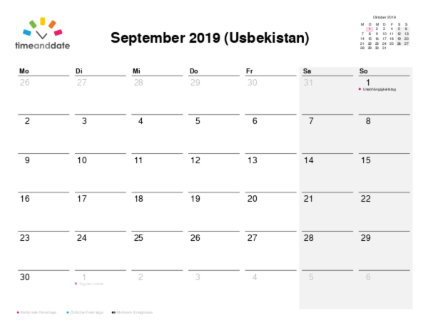 Kalender für 2019 in Usbekistan