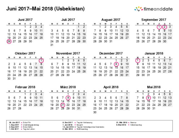 Kalender für 2017 in Usbekistan