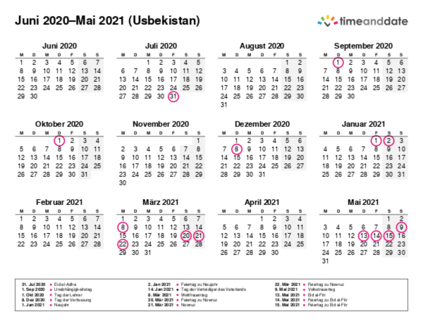 Kalender für 2020 in Usbekistan