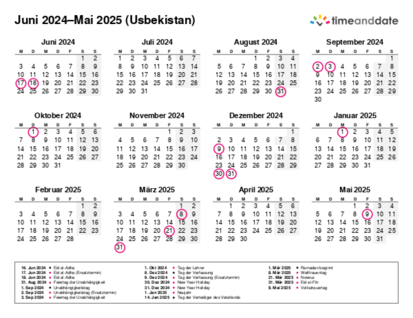 Kalender für 2024 in Usbekistan