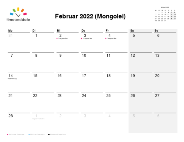 Kalender für 2022 in Mongolei