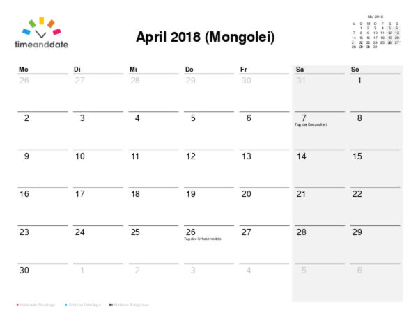 Kalender für 2018 in Mongolei