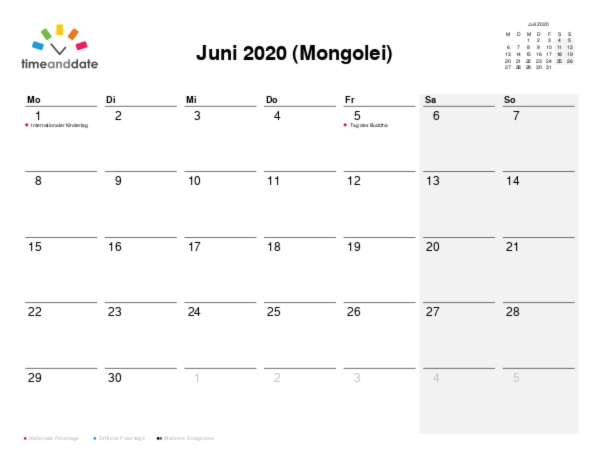 Kalender für 2020 in Mongolei