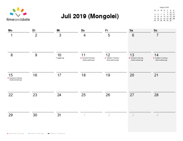 Kalender für 2019 in Mongolei