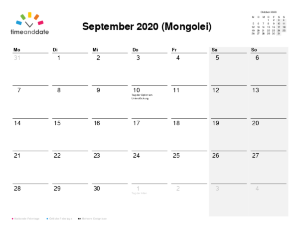 Kalender für 2020 in Mongolei