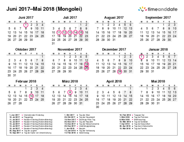 Kalender für 2017 in Mongolei