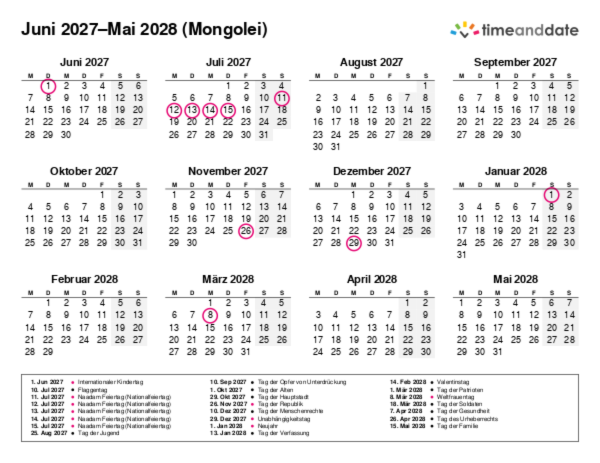 Kalender für 2027 in Mongolei