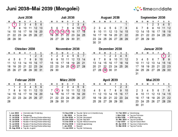 Kalender für 2038 in Mongolei