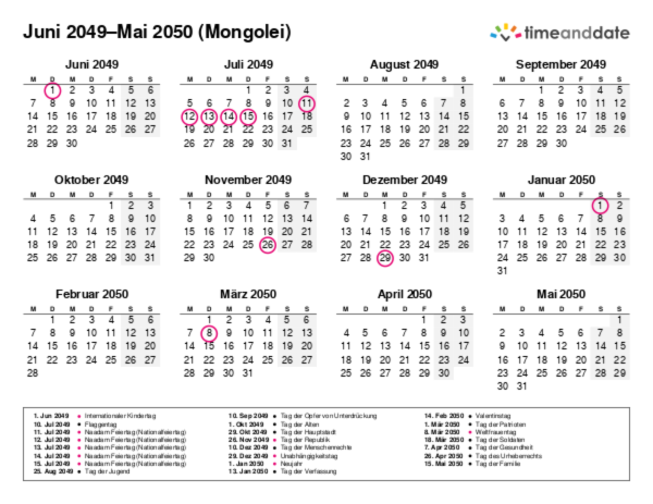 Kalender für 2049 in Mongolei