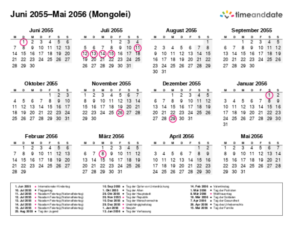 Kalender für 2055 in Mongolei