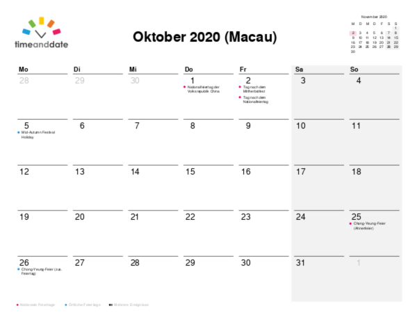 Kalender für 2020 in Macau