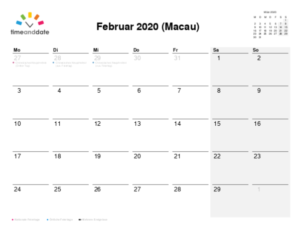 Kalender für 2020 in Macau