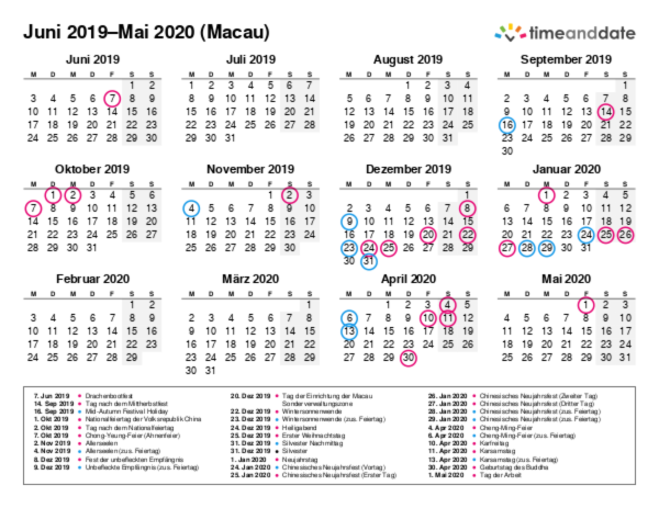 Kalender für 2019 in Macau